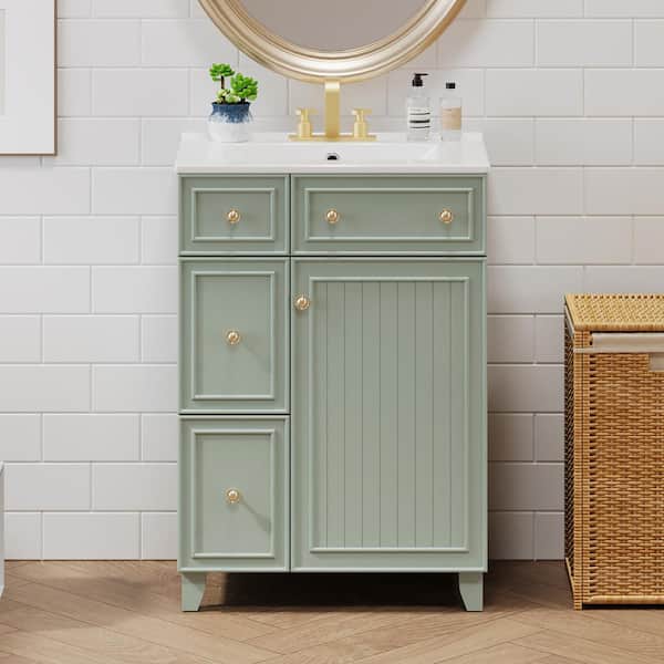 24 in. W x 18 in. D x 34 in. H Single Sink Freestanding Bath Vanity in Green with White Ceramic Top