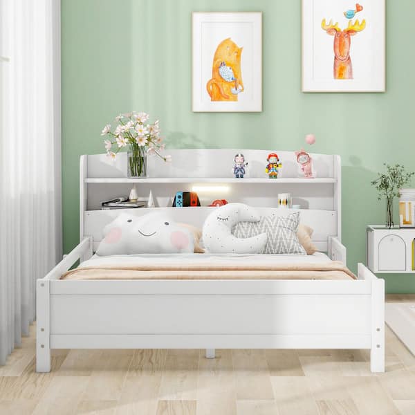 White Wood Frame Full Platform Bed with Built-in LED Light, Storage Headboard and Guardrail
