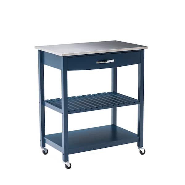 Boraam Holland Navy Blue Kitchen Cart with Stainless Steel Top