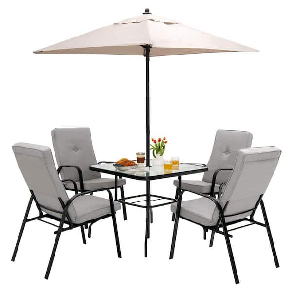 6-Piece Metal Outdoor Dining (Set 4) Stackable Chairs Square Glass Table with Gray Cushions plus Beige Umbrella