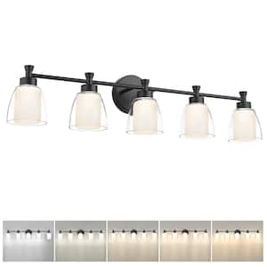 36.2 in. 5-Light Black Modern LED Vanity Light with Clear Frosted Glass Shade
