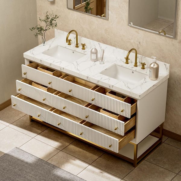 Solidoak 60 in. W x 22 in. D x 35.4 in. H 2-Sink Bath Vanity in White with White Engineered Marble Top