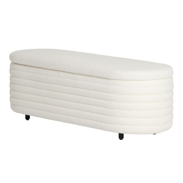Bayville 54 in. Wide Oval Sherpa Upholstered Entryway Flip Top Storage Bedroom Accent Bench in Cream