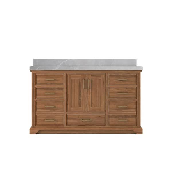 Willow Collections Charlotte Teak 60 in. W x 22 in. D x 36 in. H Single Sink Bath Vanity in Dark Natural with 2 in. Pearl Gray Quartz Top