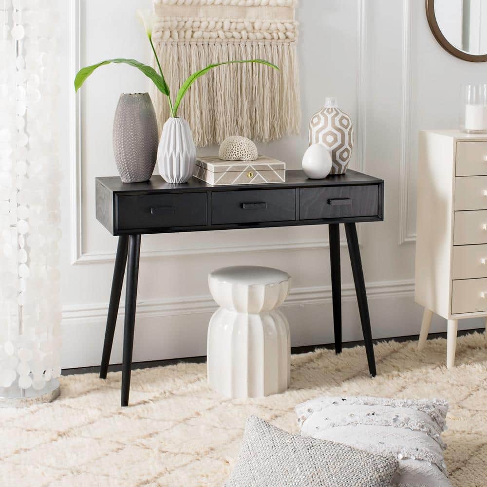 Transitional Black Rectangular Console Table with 3 Drawers