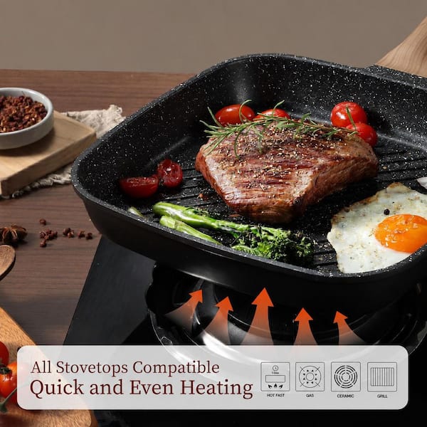 Anqtovp 11 in. Granite Nonstick Grill Pan Square Skillet for Steak