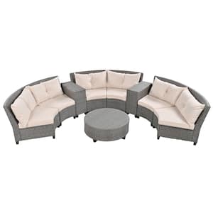 Gray 9-Pieces Fan Shaped Patio Rattan Outdoor Conversation Sets with Beige Cushions and Table