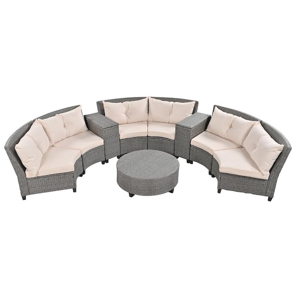 Polibi Gray 9-Pieces Fan Shaped Patio Rattan Outdoor Conversation Sets with Beige Cushions and Table