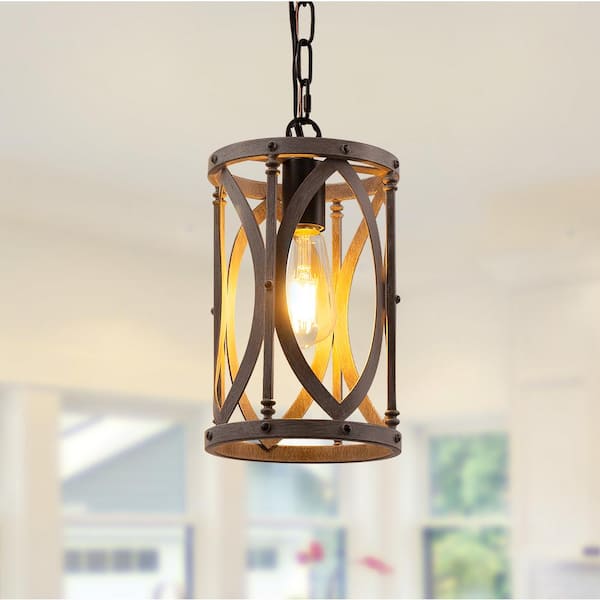 60-Watt 1-Light Wood Grain Adjustable Hanging Length Pendant Light with Metal Cage for Kitchen Island Pendant Lighting