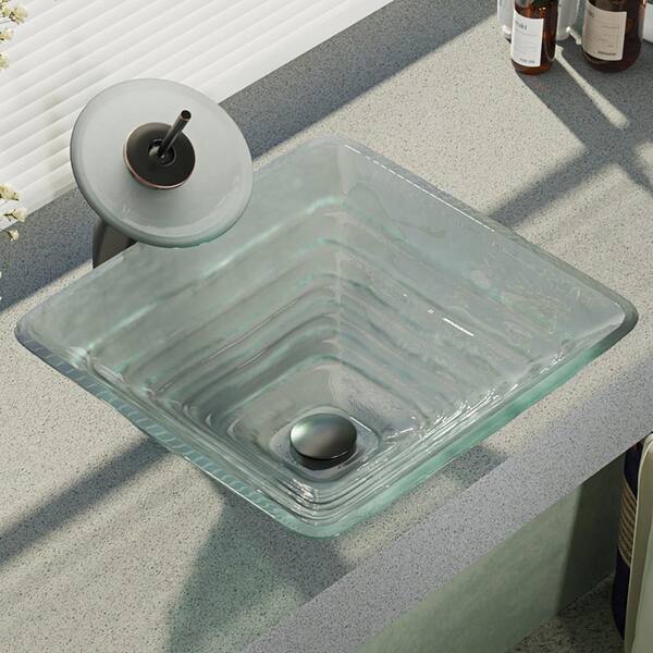 Rene Glass Vessel Sink in Textured with Waterfall Faucet and Pop-Up Drain in Antique Bronze