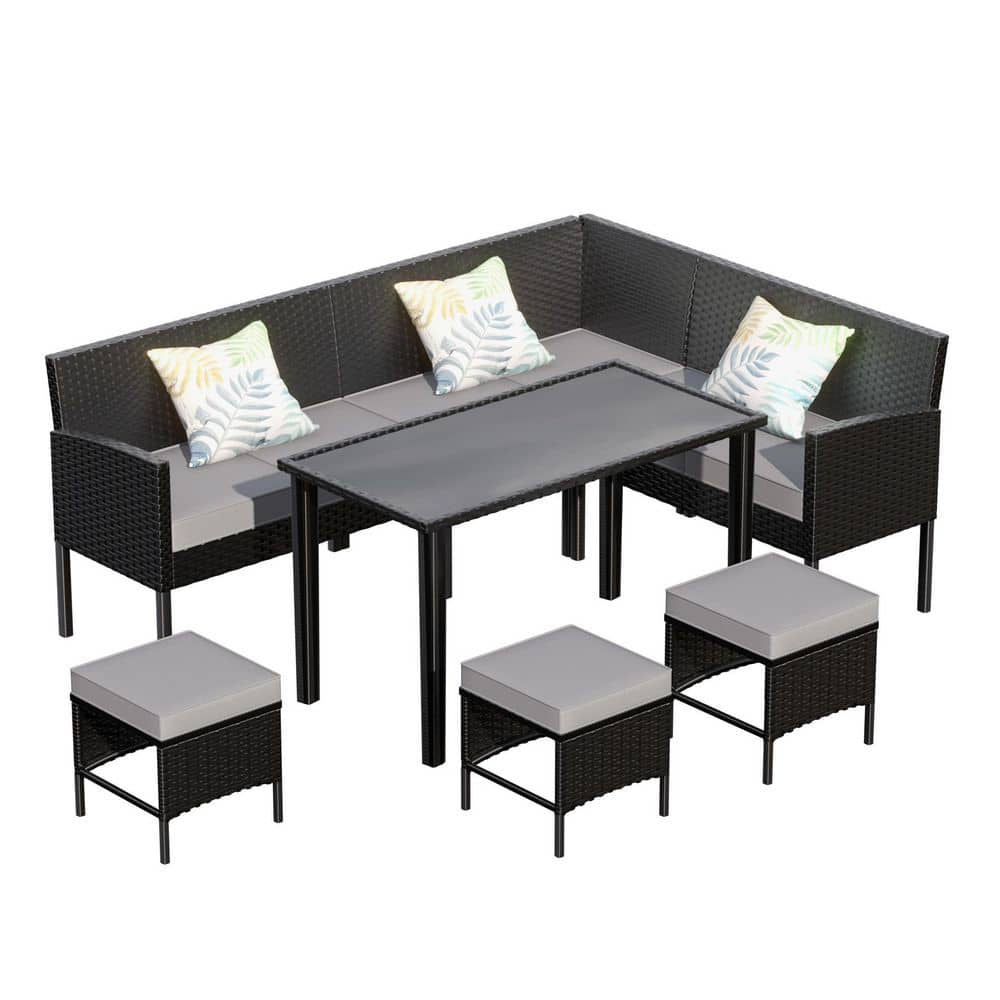 Sudzendf 7-Piece Wicker Outdoor Sectional Set with Gray Cushions, Patio ...