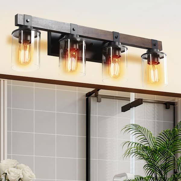 27 in. 4-Lights Walnut Vanity Lights,Wall Sconces with Glass Shades and Wood Accent,Bathroom Fixture, Bulbs Not Included