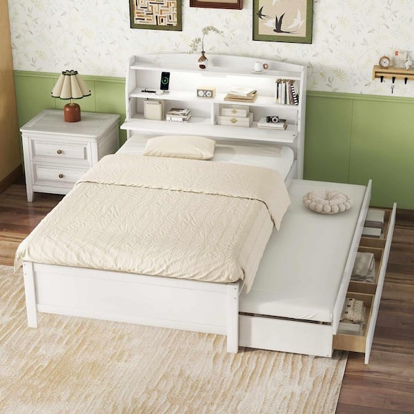 White Wood Frame Full Platform Bed with Trundle, Storage Headboard, Drawers