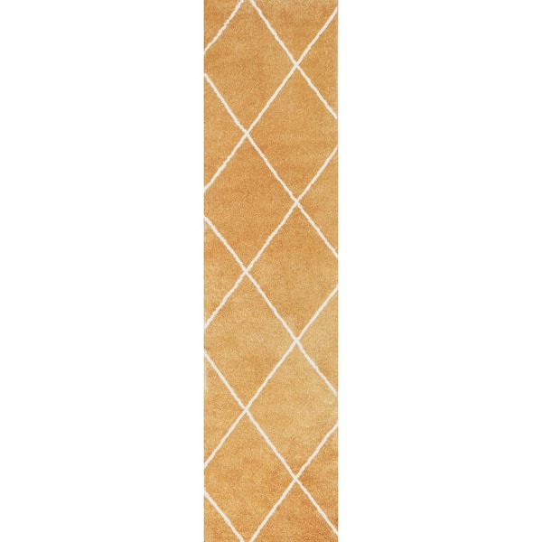 Cole Minimalist Diamond Gold/White 2 ft. x 10 ft. Trellis Area Rug
