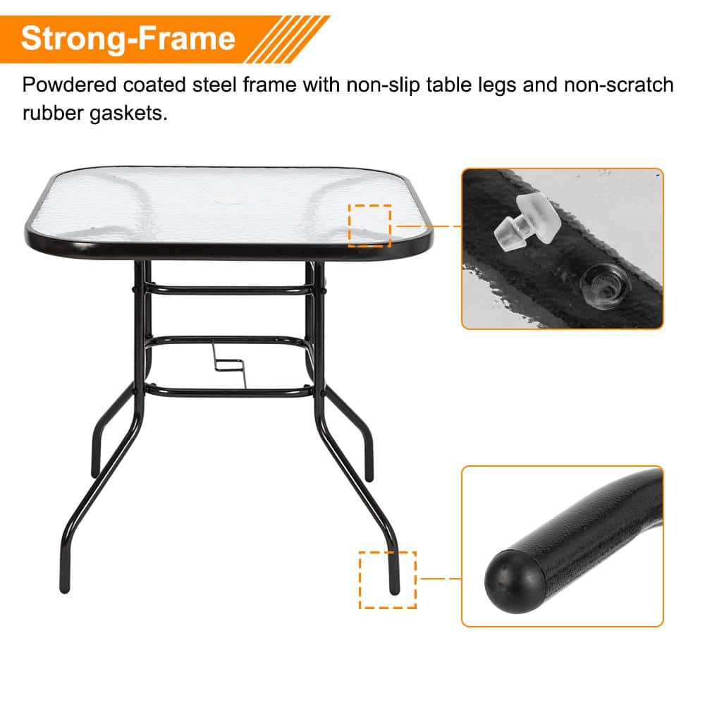 32" Square Black Steel Outdoor Dining Table with Glass Top