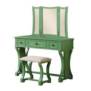 Modish Green Wooden Vanity Set Featuring Stool and Mirror (Set of 2)