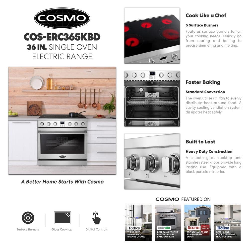 36" Stainless Steel Electric Convection Range with Ceramic Glass Cooktop