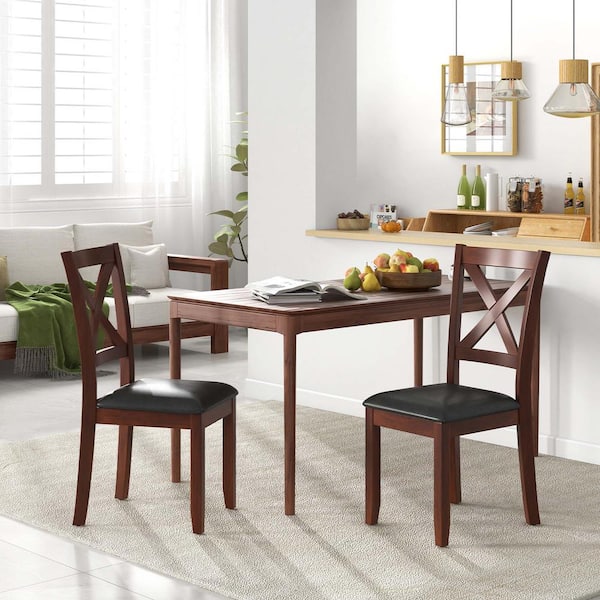Costway Brown Wooden Dining Chairs Kitchen Side Chair with Padded Seat Rubber Wood Legs Set of 2
