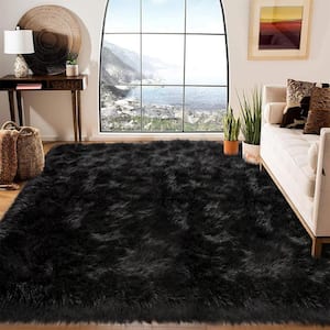 Sheepskin Faux Furry Black Cozy Rugs 6 ft. x 9 ft. Area Rug