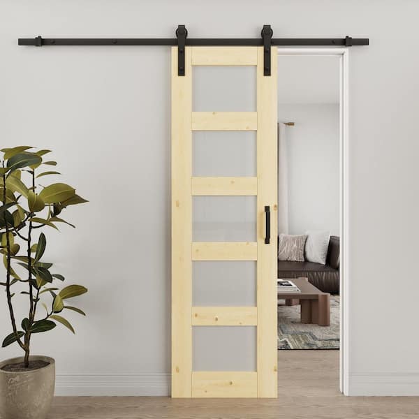 ARK DESIGN 24 in. x 80 in. 5-Lite Frosted Glass Unfinished Glass Sliding Barn Door with Hardware Kit