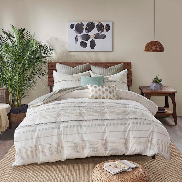 INK+IVY Nea 3-Piece Off White/Gray Cotton Percale Full/Queen Comforter Set