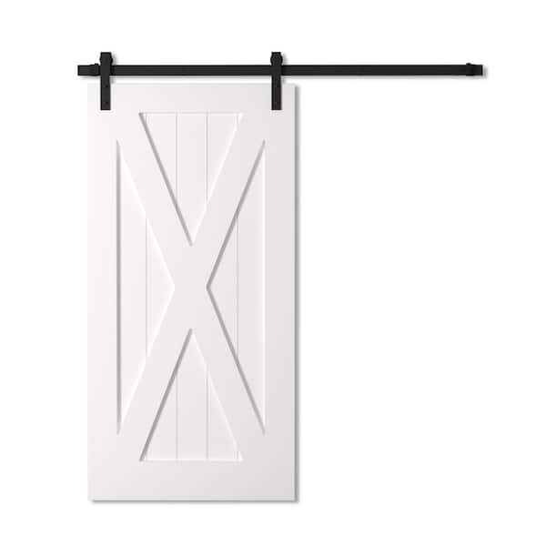 83 in. x 40 in. X-Panel, White Wood Barn Door with Solid Core and Hardware Included