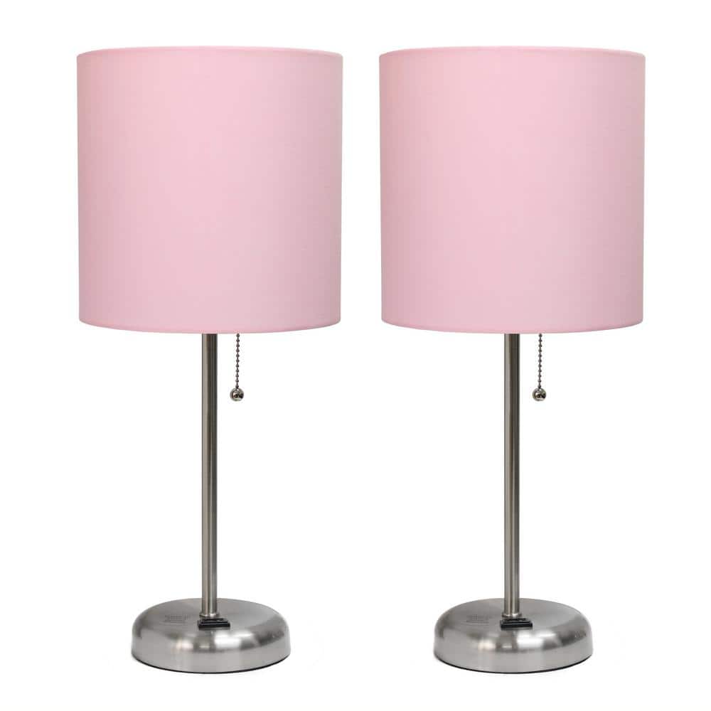 Brushed Steel and Light Pink Contemporary Table Lamp Duo with Power Outlet