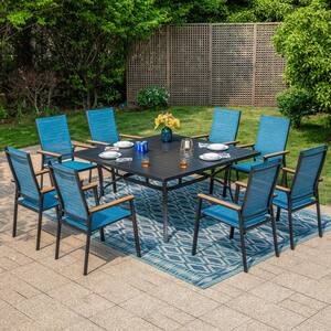 Black 9-Piece Metal Outdoor Patio Dining Set with Square Table and Stackable Aluminum Chairs