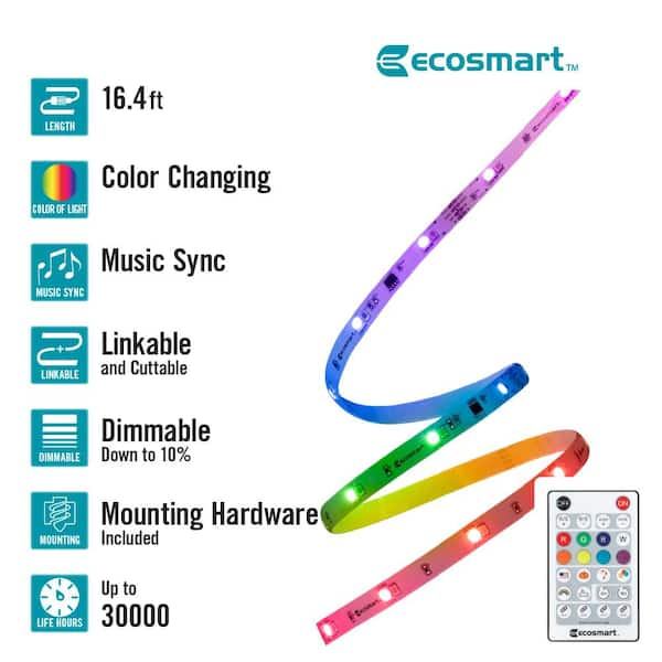 16.4FT RGBWIC Dynamic Color Changing Dimmable Linkable Plug-In LED Strip Light with Remote Control