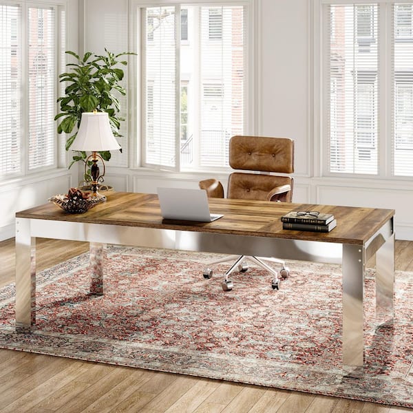 BYBLIGHT Moronia 78.7 in. Rectangular Light Brown Wood Computer Desk with Mirrored Metal Legs, 2-Person Executive Office Desk