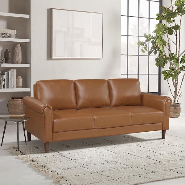 Lazzara Walterboro 79 in. W Rolled Arm Faux Leather Rectangle Sofa in Brown
