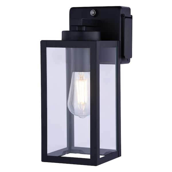 Lombard 1-Light Dusk to Dawn Black Contemporary Outdoor Wall Sconce Lantern with Integrated GFCI Outlet