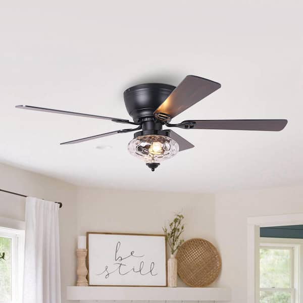 52 in. Indoor Black Low Profile Glass Bowl Shade Ceiling Fan with Light Kit and Remote Control Included