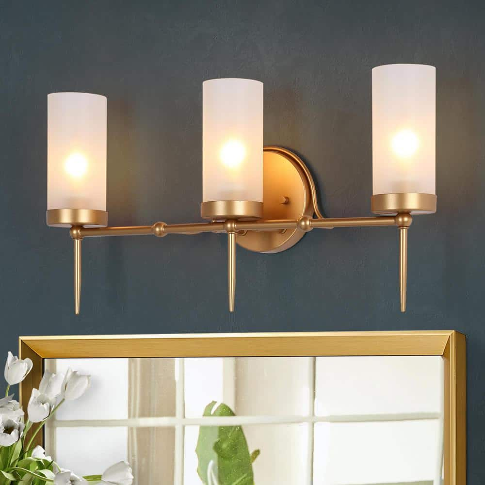 Zevni 22 in. 3-Light Transitional Dark Gold Bathroom Vanity Light, Modern Powder Room Bath Lighting, Frosted Glass Wall Sconce