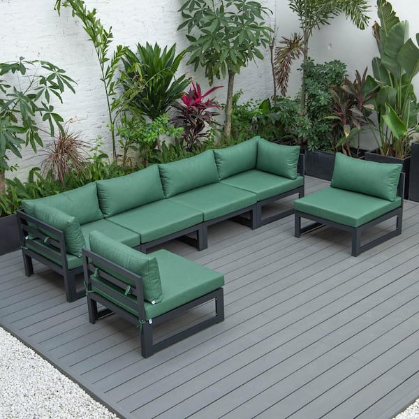 Leisuremod Chelsea Black 6-Piece Aluminum Outdoor Patio Sectional with Green Cushions