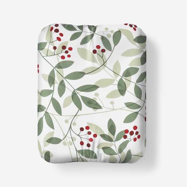 The Company Store Company Cotton Red/Green Berries and Leaves Velvet Flannel Twin XL Fitted Sheet