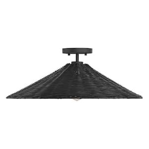 22 in. 1-Light Matte Black Semi- Flush Mount with Natural Rattan Shade