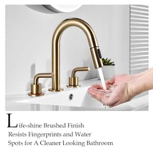 8 in. Widespread Bathroom Faucet 3 Hole with Pull Out Sprayer, Bathroom Sink Faucet with Pop-Up Drain in Brushed Gold