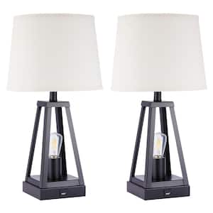 21 in. Black Table Lamp with USB Outlets with 4-Watt LED Bulbs Included (Set of 2)