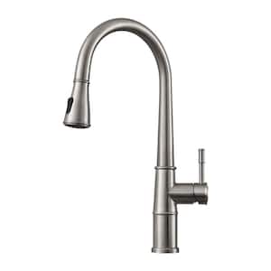 Single-Handle Single-Hole 2-Spray Goose Neck Deck Mount 360-Degree Swivel Pull-Out Kitchen Faucet in Brushed Nickel