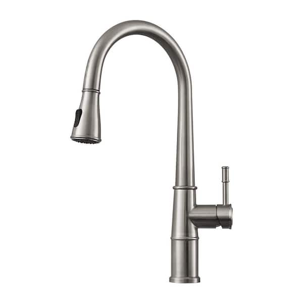 Satico Single-Handle Single-Hole 2-Spray Goose Neck Deck Mount 360-Degree Swivel Pull-Out Kitchen Faucet in Brushed Nickel