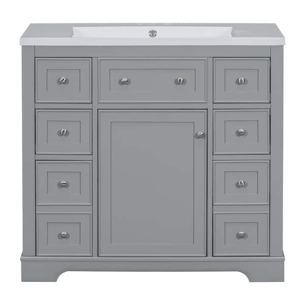 Virubi 36 in. W x 18 in. D x 34.5 in. H Single Sink Bath Vanity in Gray with White Ceramic Top, 6-Drawers and Adjustable Shelf