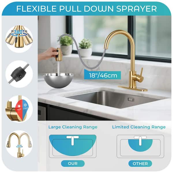 Single Handle Pull Down Sprayer Kitchen Faucet with Pull Out Spray Wand in Brushed Gold