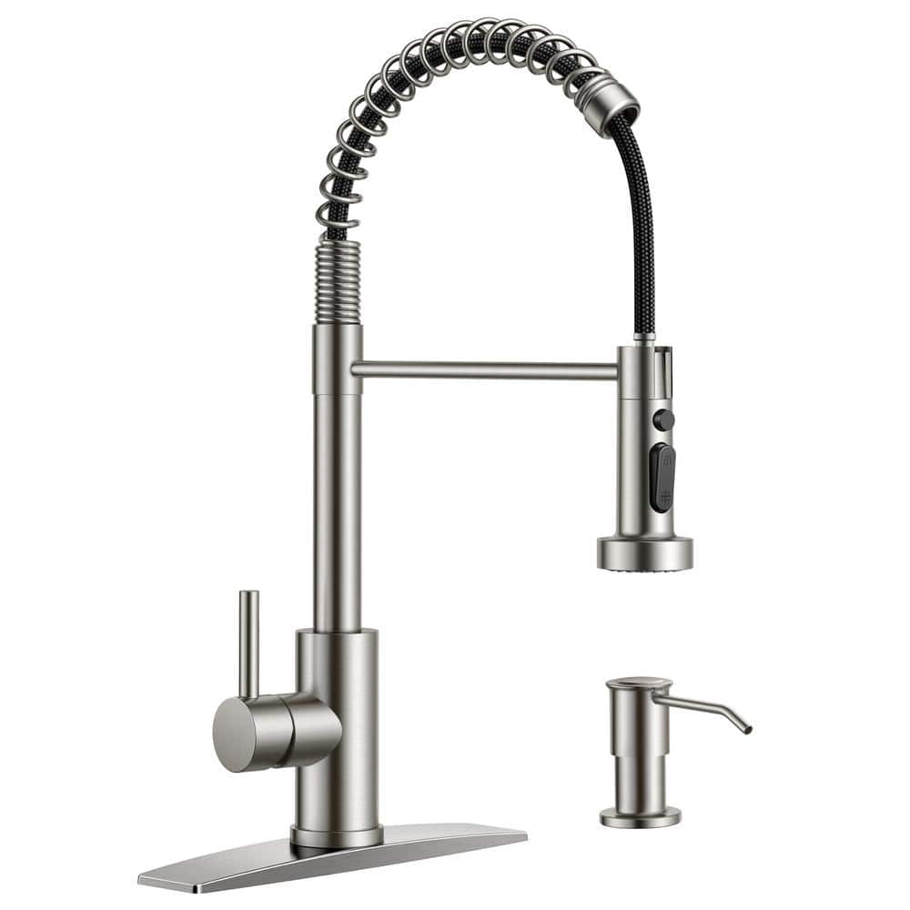 androme Single Handle Spring Gooseneck Pull Down Sprayer Kitchen Faucet with Soap Dispenser