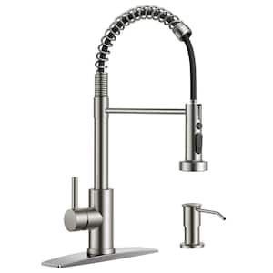 Single Handle Spring Gooseneck Pull Down Sprayer Kitchen Faucet with Soap Dispenser Swivel Spout in Brushed Nickel