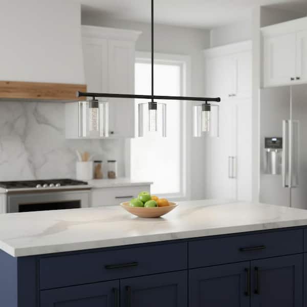 3-Light Matte Black Modern Kitchen Island Integrated LED Pendant Light fixtures,Linear Chandelier with Clear Glass Shade