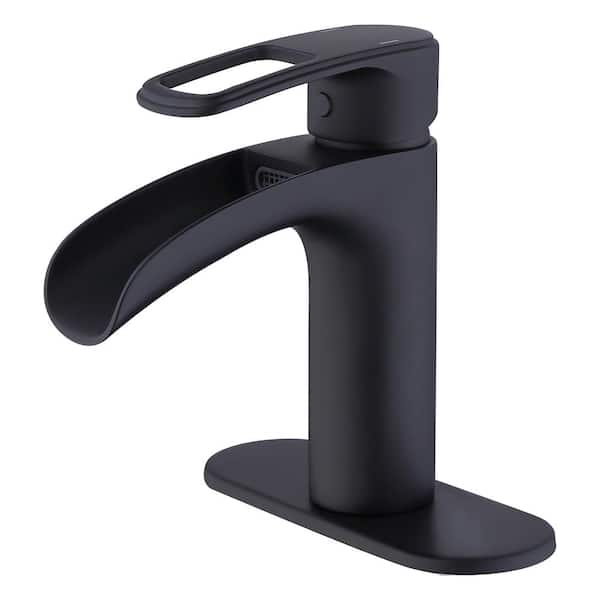 Lukvuzo Single Handle Single Hole Deck Mounted Bathroom Faucet with Deckplate Included and Drain Kit Included in Matte Black