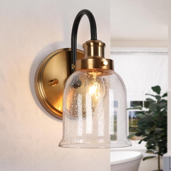 Walnute Modern 1-Light Seeded Glass Brass Gold Wall Sconce, Black Bell Bathroom Vanity Light Transitional Wall Lighting
