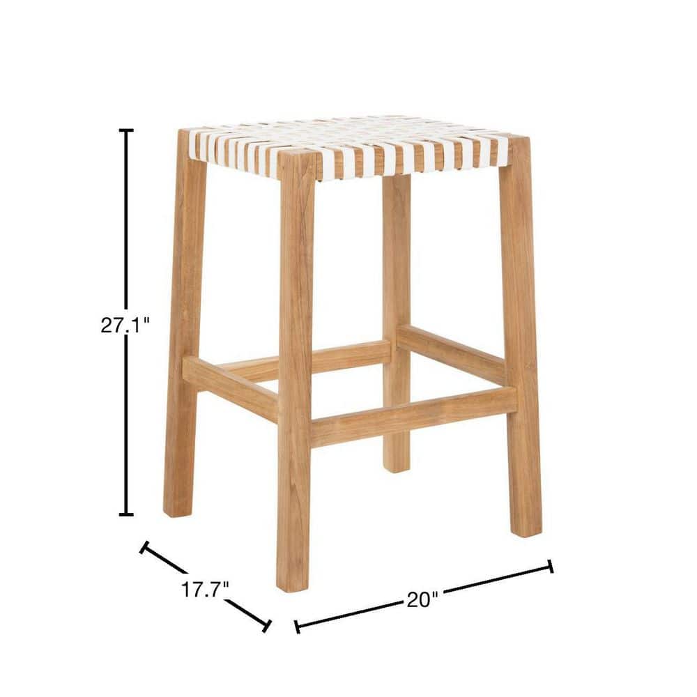 Natural Teak and White Leather Backless Counter Stool