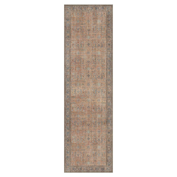 Bakhita Machine Washable Brown/Blue 2 ft. x 7 ft. Floral Indoor Area Rug